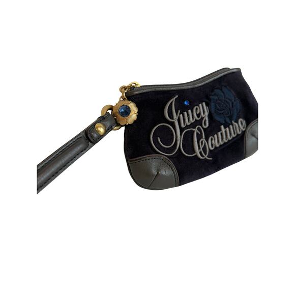 Y2K Juicy Couture Blue Terry Wristlet Embroidered Rose Zipper Inner Pockets - Picture 3 of 6